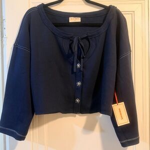 LOVEFOOL Cropped Tie Neck Button Up Navy Blue Cardigan - NWT - Womens Size 2X